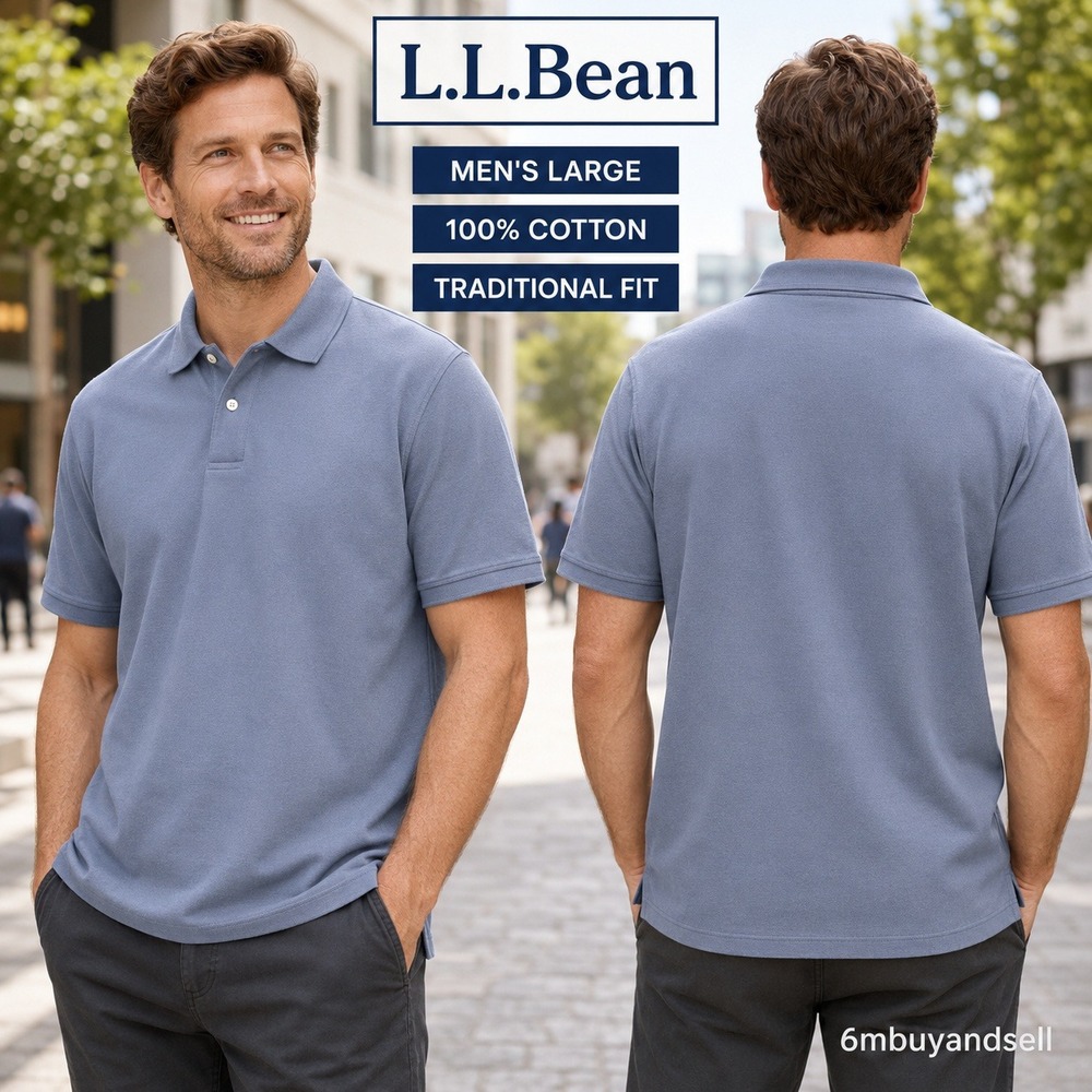 LL Bean Mens Large Blue Cotton Pique Short Sleeve Polo 300454 Traditional Fit